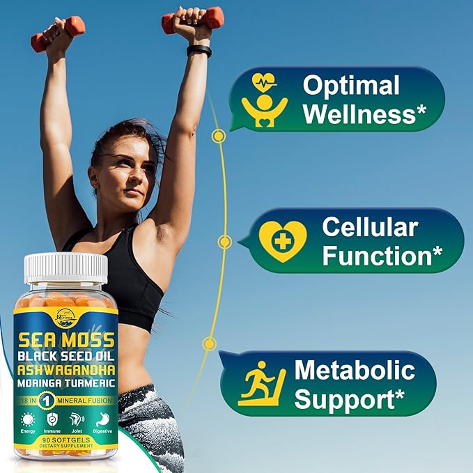 Nature's live Organic Sea Moss Softgels with Black Seed Oil, Ashwagandha, Bladderwrack, Ginger, Burdock Root, Manuka Honey, Cinnamon for Immune System, Skin, Energy, 90 Softgels, 2 Pack
