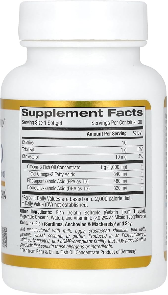 California Gold Nutrition Omega 800 Ultra-Concentrated Omega-3 Fish Oil, kd-pur Triglyceride Form, 1,000 mg, 30 Fish Gelatin Softgels