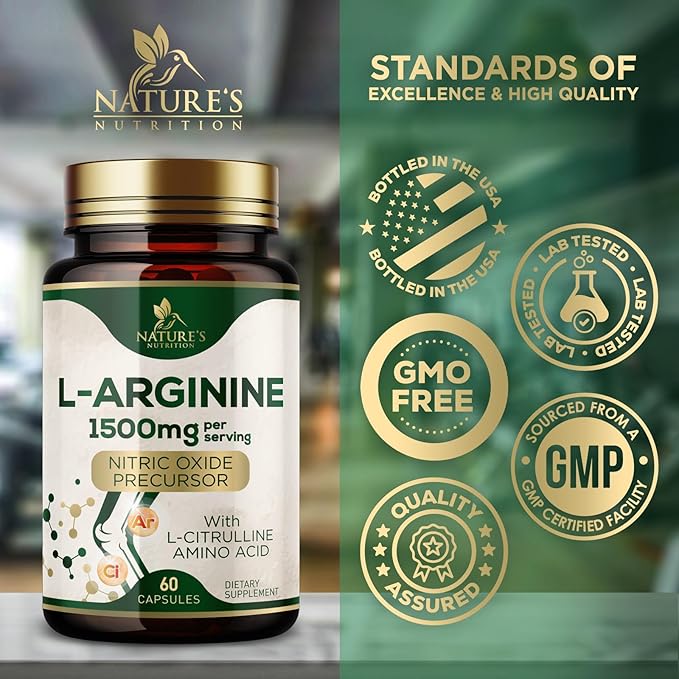 L-Arginine Supplement 1000mg - Heart Health Support - Premium Muscle Supporting Nitric Oxide Precursor Booster for Extra Strength - Gluten Free, Amino Acid Energy Blend For Men - 60 Capsules