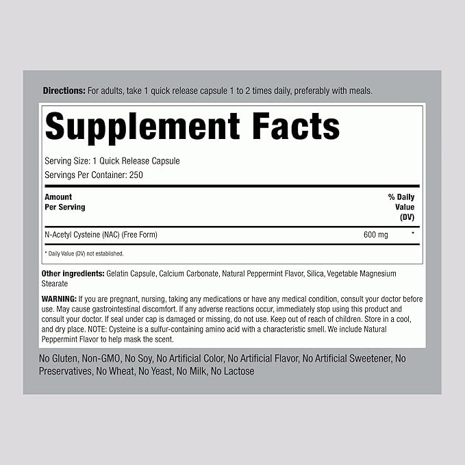 Piping Rock NAC Supplement N-Acetyl Cysteine | 600mg | 250 Capsules | Free Form | Non-GMO, Gluten Free Supplement