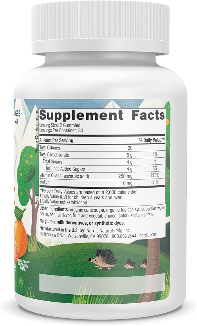 Nordic Naturals Kids Vitamin C Gummies - Tangy Tangerine - 60 Gummies - Vegan Vitamin C Supplement - Children’s Immunity and Antioxidant Support - 250 mg per Serving - 30 Servings