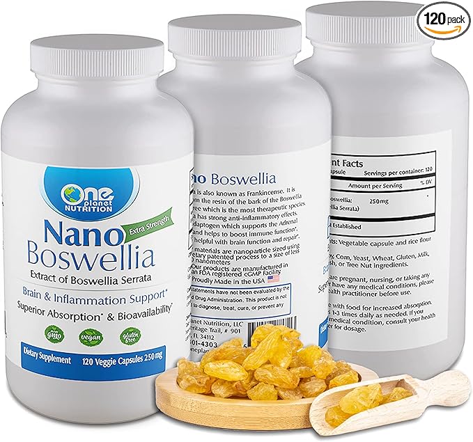 Nano Boswellia 250 mg Veggie Capsules (120 Servings), Boswellia serrata Resin, Supports Cognitive Function for Brain Health, Non-GMO, Vegan, Gluten-Free