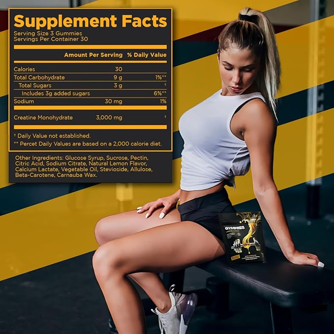Creatine Monohydrate Gummies - Muscle Growth, Performance, Endurance - 5 Gram Creatine per Serving - Vegan, Non-GMO, Gluten-Free, Made in USA - 90ct - Lemon Flavor