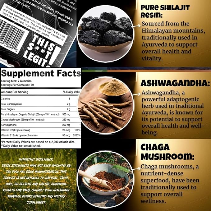 Shilajit Gummies I Lab Tested I No Added Sugar I Ashwagandha, Chaga Mushrooms | Fulvic Acid & 85+ Trace Minerals I for Men, Women I Non-GMO I 100% Natural & Organic I 60 Gummy