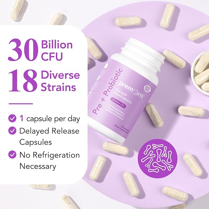 Premom Prenatal Pre & Probiotics for Women: Organic Prebiotics, 30 Billion CFU, 18 Diverse Strains - Supports Digestive, Gut & Immune Health for Mom and Baby - Daily Capsules