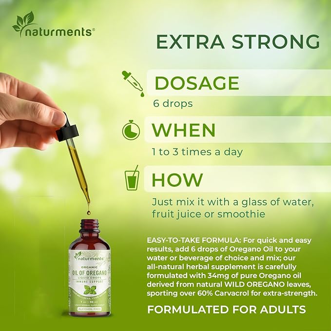 Naturments Oregano Oil Drops for Immune Support & Gut Health. Vegan, Non-GMO, Sugar Free & Gluten Free Organic Wild Mediterranean Oregano Oil with Organic Extra Virgin Olive Oil - 1 Fl Oz 30 Ml