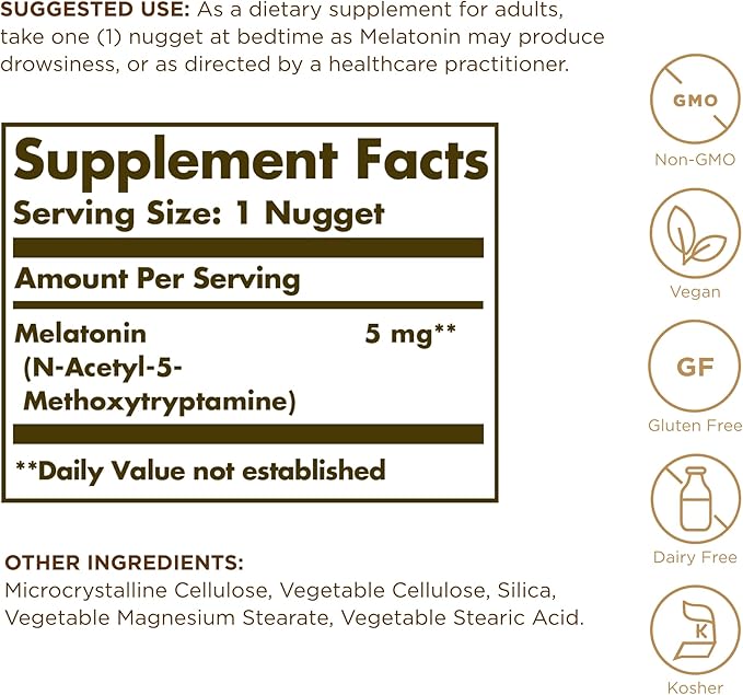 Solgar Melatonin 5 mg - 60 Nuggets - Helps Promote Relaxation & Rest - Non-GMO, Vegan, Gluten Free, Dairy Free, Kosher - 60 Servings