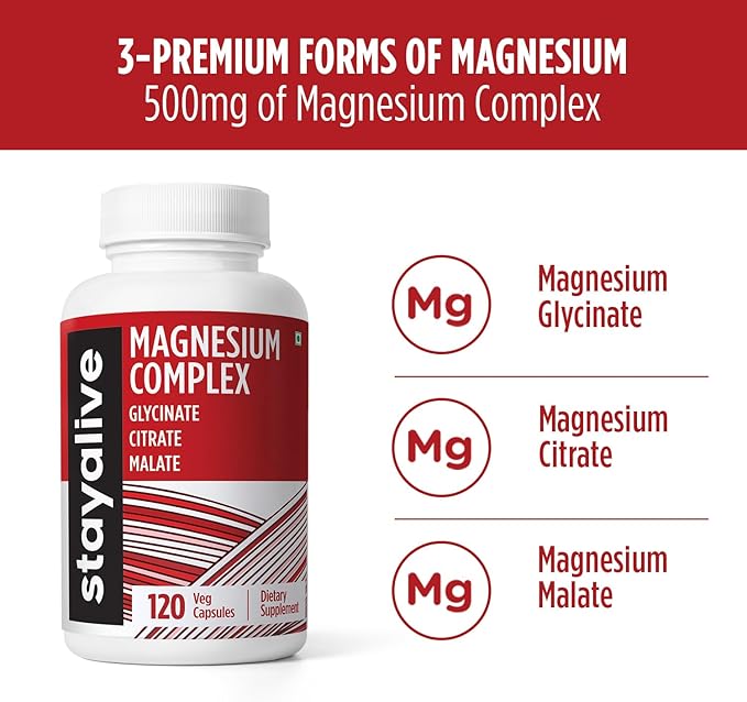 STAY ALIVE Triple Magnesium Complex Supplement 500mg, Chelated Glycinate, Citrate & Malate Powder, High Absorption Magnesium for Women and Men, 120 Pills, Non-GMO & Gluten-Free Capsules