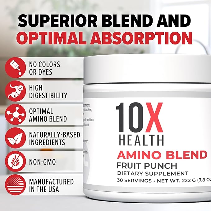 10X Health Amino Blend Fruit Punch - Contains EAA and BCAA Amino Acids Supplement - Essential Amino Acids Powder for Men and Women, Pre and Post-Workout Amino Energy Boost - 30 Servings