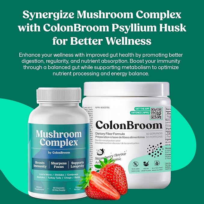 ColonBroom Mushroom Complex, Powerful Mushroom Blend with Cordyceps, Reishi, Shiitake, Lion’s Mane Extract for Energy, Immunity, Stress Relief & Cognitive Health - 2 x 60 Capsules, 60 Day Supply
