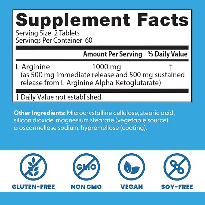 Doctor's Best Sustained Plus Immediate Release L-Arginine, Non-GMO, Vegan, Gluten & Soy Free, 500 mg, Tablet, 120 Count