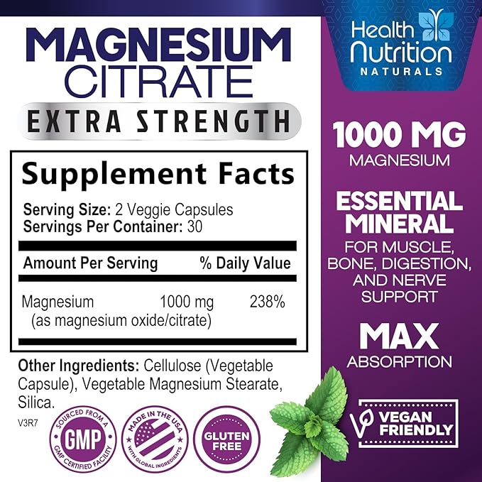 Magnesium Citrate Capsules 1000mg - Max Absorption Magnesium Powder for Muscle, Nerve, Bone and Heart Health Support, High Absorption Citrate Complex, Gluten Free, Non-GMO - 60 Capsules