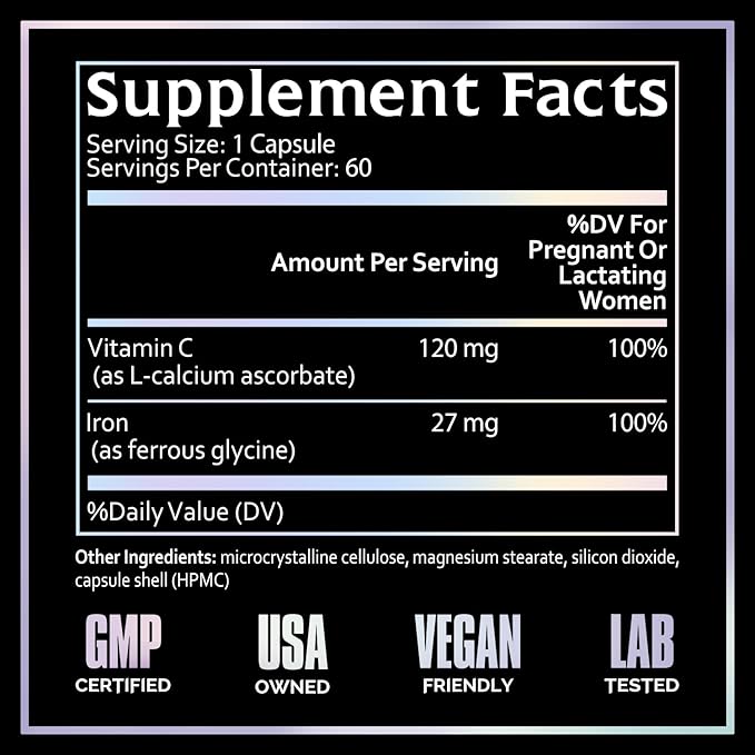 Iron Supplement, Ferrous Bisglycinate, Gentle, with Vitamin C as L-Calcium Ascorbate, During Pregnancy by Undone by Nature, 100% Daily Value, Blood Builder, 60 Vegan Caps