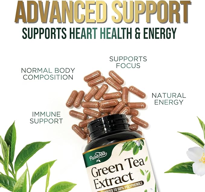 Green Tea Extract Pills 1000mg with EGCG for Heart Support with Antioxidants - 98% Standardized Polyphenols - 3X Absorption Green Tea Capsules for Natural Energy, Gentle Caffeine - 60 Capsules