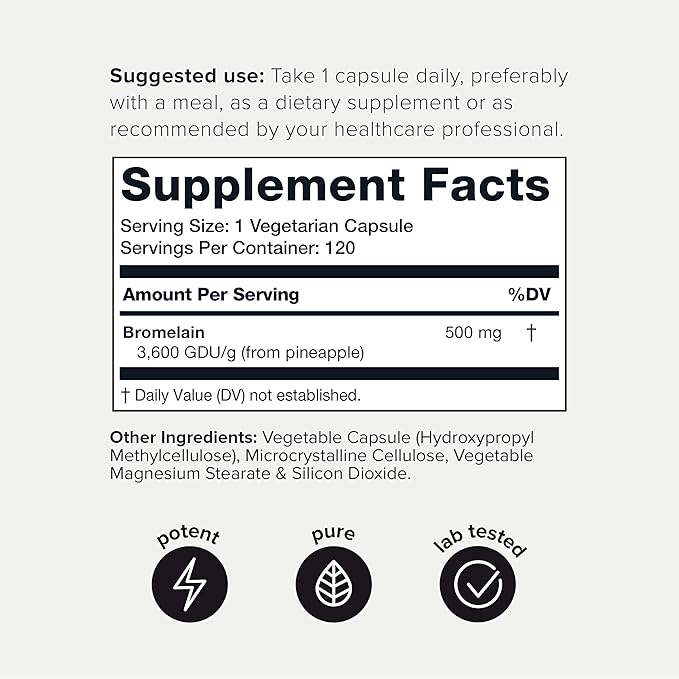Ultra High Strength Bromelain 500mg - 3600 GDU/Gram - Highly Concentrated and Bioavailable - Third-Party Tested Formula - 120 Vegetarian Capsules - 120 Servings Per Container - Bromelain Supplement