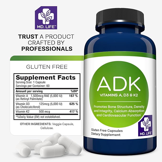 MD.LIFE A D K Vitamin Supplement - Vitamin D3 K2 and A - 60 Capsules - Bone Health and Heart Health Support – High Potency Vitamin ADK Supplement - ADK Complex
