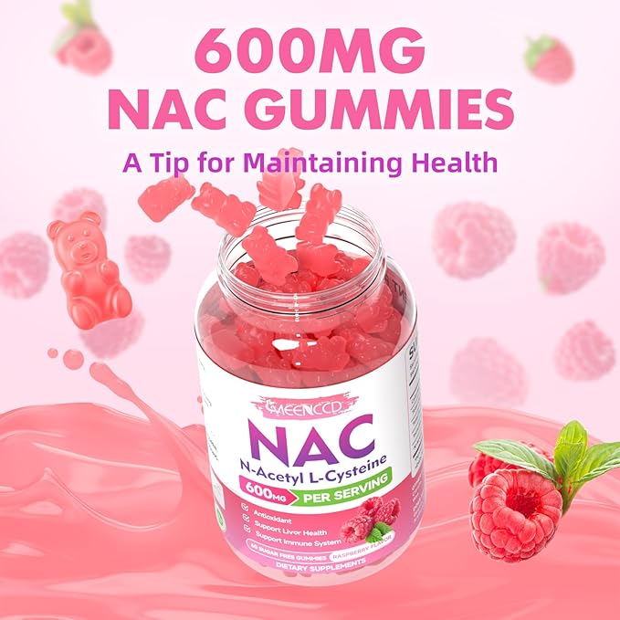 2 Pack NAC Gummies, N Acetyl Cysteine 600mg NAC Supplement for Antioxidants & Immune Support, Lung & Liver Health, Sugar-Free, Raspberry Flavor, 120 Count
