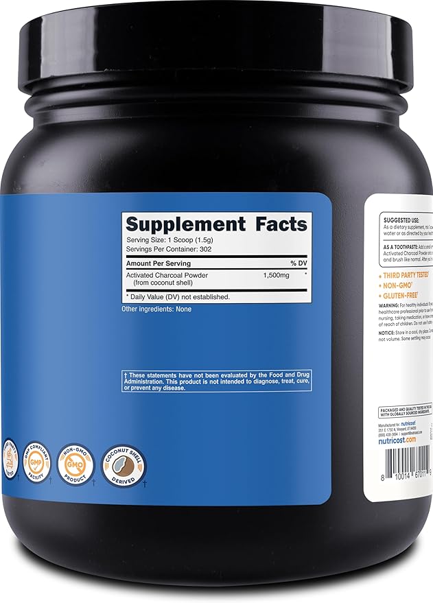 Nutricost Activated Charcoal Powder 1lb - Food Grade Powder, Toothpaste, Facemask, Odor Control, Vegetarian, Gluten Free, Non-GMO
