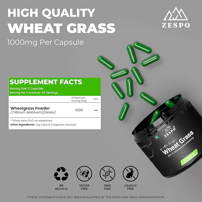 Wheatgrass Capsules 1000mg | Rich in Chlorophyll &| Supports Digestion, Detox & Immunity | Vegan, Non-GMO – 90 Capsules