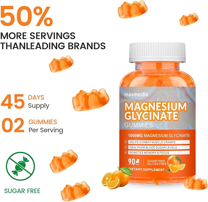 Magnesium Gummies 1000mg -Magnesium Glycinate Supplement and Magnesium L-Threonate Gummy,Sugar Free Magnesium Potassium Supplement for Calm Mood, Muscle, Bone & Sleep Support 90 Orange Gummies