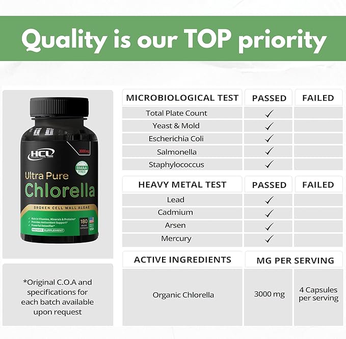 Chlorella Capsules Organic 3000 mg - Cracked Cell Wall Blue Green Algae Supplement - Best Natural Detox Cleanse - Plant Vitamins Minerals Chlorophyll Vegan Protein Powder Pills - Made in USA