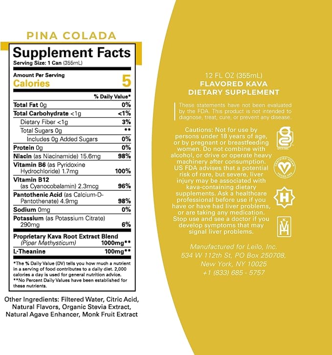 LEILO | Kava Powered Pina Colada Mocktail Drink | 12-Pack - Sugar-Free & Non-ALC Functional Relaxation Support | 12 fl oz Cans (Pack of 12)