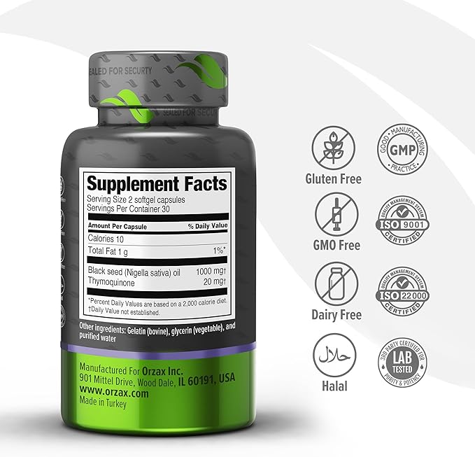 ORZAX Black Seed Oil Cold Pressed 100% Pure | Non-GMO - Rich in Omega 3 6 9 & Thymoquinone | Black Cumin Nigella Sativa Oil for Immune Support, Hair, Skin, Face (500 mg - 60 Softgel Capsules)