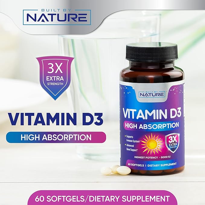Vitamin D3 High Potency 5000 IU (125 mcg), Bone, Teeth, Muscle & Immune Health Support, Non-GMO, Gluten-Free, 2 Month Supply in Rapid-Release High Absorption Vitamin D, Easy to Swallow, 60 Softgels