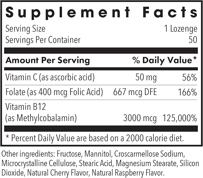 Allergy Research Group B12 Methylcobalamin Supplement - Vitamin B12 and Folate, with 400mcg Folic Acid, Pure, Vegetarian Lozenges - 50 Count