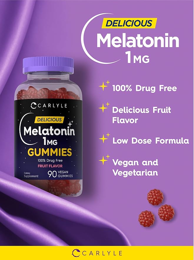 Carlyle Melatonin 1mg Gummies | 90 Count | Fruit Flavor Gummy Supplement | Vegan, Non-GMO, Gluten Free