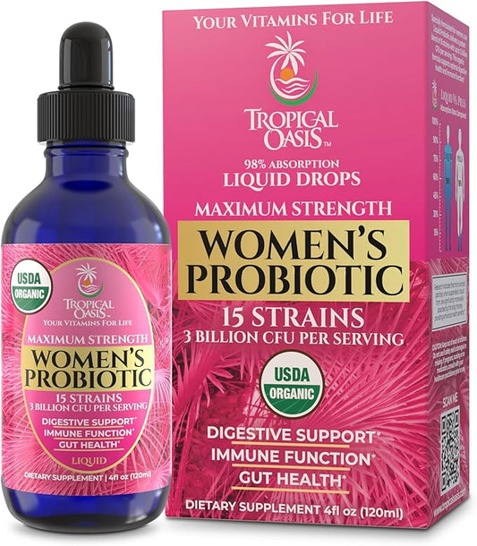 Tropical Oasis USDA Organic Liquid Probiotic for Women | Digestive Support & Gut Health | Liquid Vitamins for Women | 98% Absorption | Vegan, Non-GMO | 40 Servings