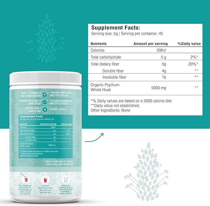 Psyllium Husk Powder Organic 8 oz - Isabgol - Whole Psyllium Husk Fiber for Digestive Health & Regularity - Gluten-Free, USDA Organic, Kosher - Organic Psyllium Husk Supplement