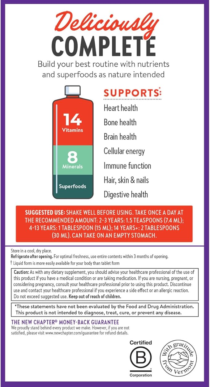 New Chapter Liquid Multivitamin + Mineral Supplement for Whole-Body Benefits, 100% Delicious Multivitamin for Adults, Teens & Kids 2+, Ready to Absorb Faster, Orange Mango Flavored, 30 oz