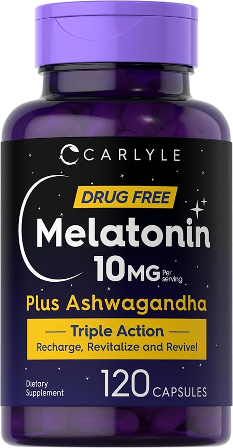 Carlyle Melatonin 10mg | 120 Capsules | with Ashwagandha | Triple Strength Formula | Non-GMO, Gluten Free Supplement