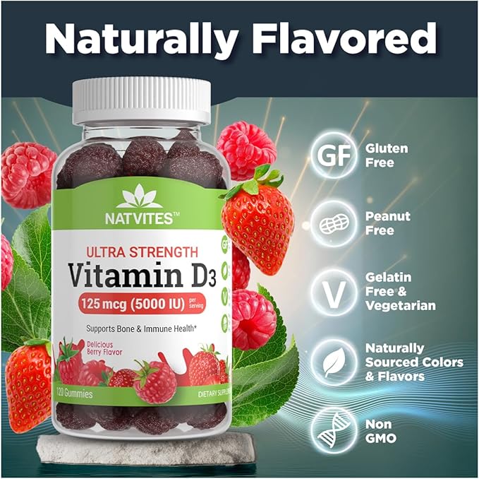 Ultra-Strength Vitamin D Gummies for Adults - D3 Vitamin 5000 IU (125mcg) Berry Flavored Supplement for Bone, Immune and Heart Health - Non-GMO, Gluten Free, Vegetarian, Nut and Dairy Free (120 Count)