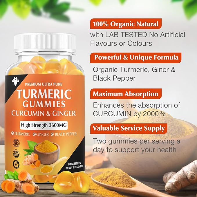 Turmeric Curcumin Gummies (1 Pack) - Turmeric Curcumin Supplements with Ginger & Black Pepper Gummies for Immune Muscle Support Healthy Skin - Vegan, Gluten Free, Low Sugar - for Adults