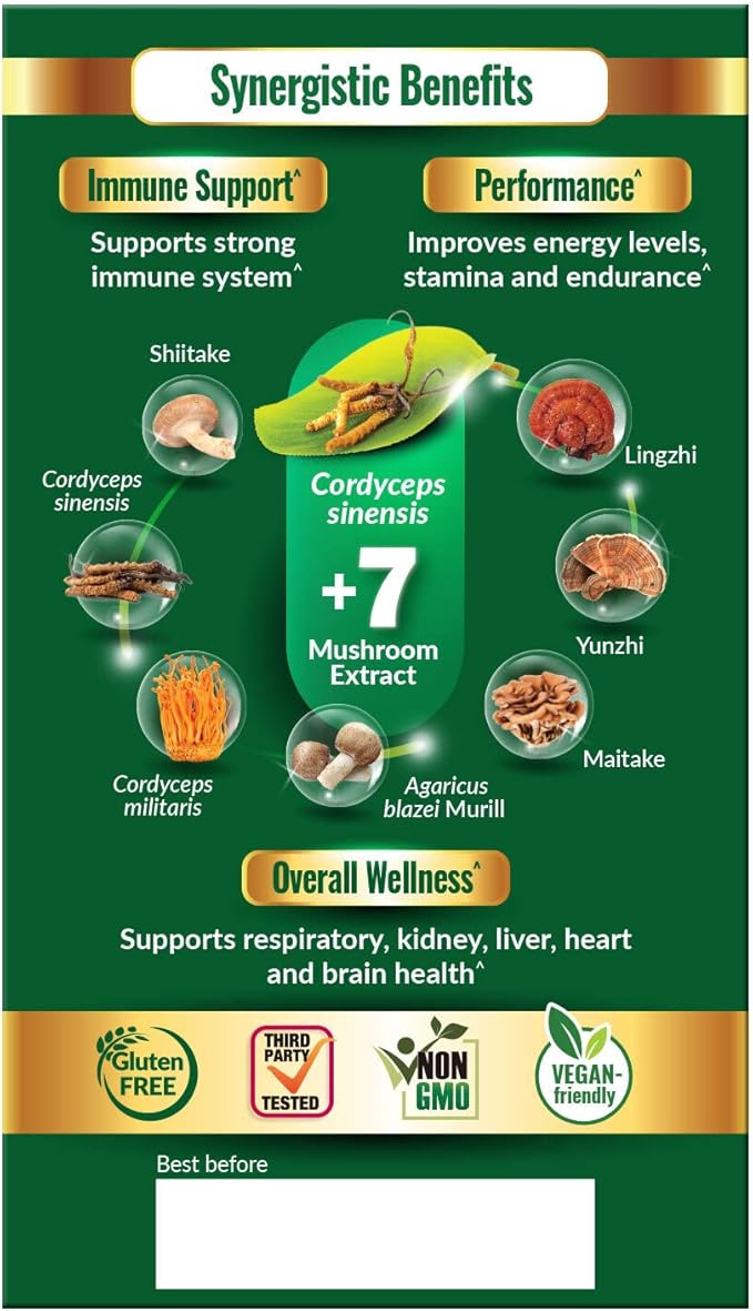 LABO Nutrition Bioactive Organic Cordyceps Ultra – 8 Mushroom Extract Supplement, Cordyceps, Reishi, Turkey Tail, Maitake, Agaricus blazei, Shiitake, for Immunity, Energy, Stamina, No Fillers
