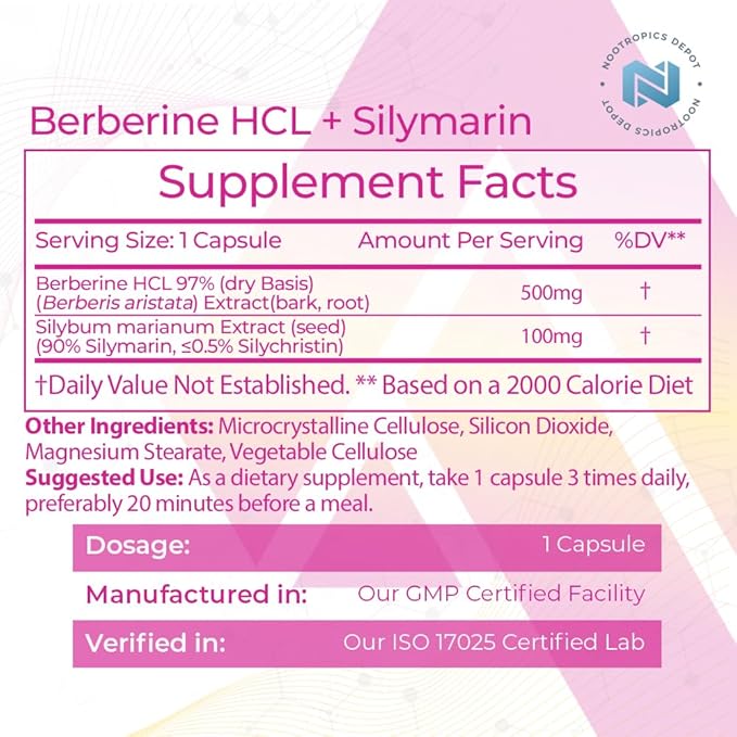 Nootropics Depot Berberine HCL + Silymarin Capsules | 500mg + 90mg | 180 Count | Supports Cellular Function, Metabolic Function, and Balanced Inflammation Levels