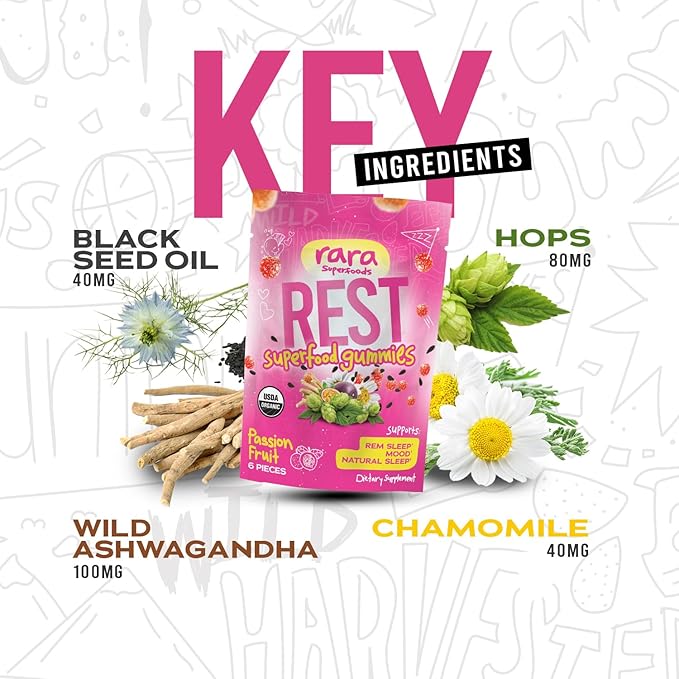 Rest USDA Organic Gummies Natural Sleep & Cognitive Support Supplement, Vegan & Gluten-Free, Infused with Ashwagandha, Hop Extract & Chamomile Extract (6 Gummies, Rest)