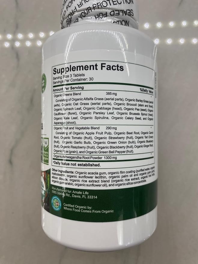 Organic Superfood Greens Fruits and Veggies Complex with Ashwagandha