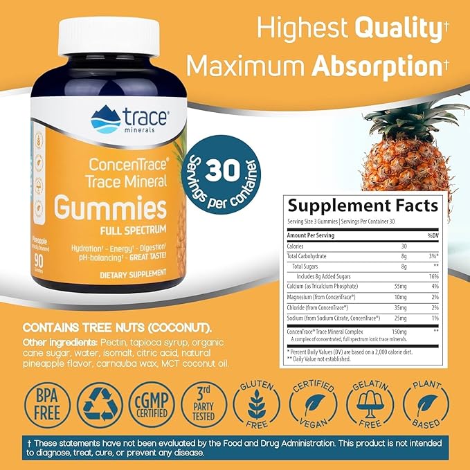 Trace Minerals | ConcenTrace Chewable Gummies Full Spectrum | Provide Potent Energy, Metabolic & Mood Support | Healthy Joints Bones and Teeth | Natural Pineapple | 90 ct