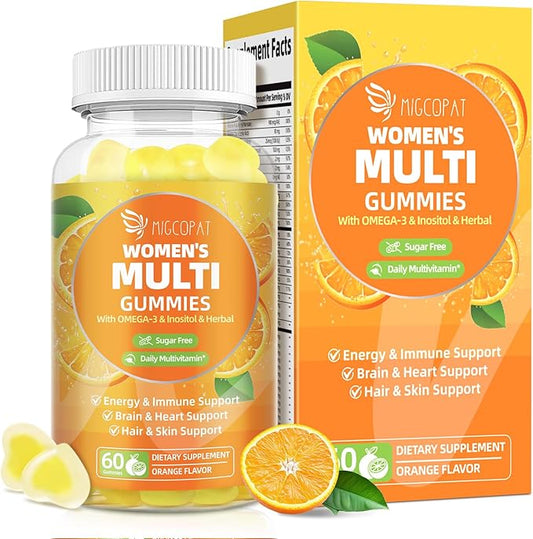 Multivitamin Gummies for Women w/Omega-3, Inositol, Folate, Biotin, Women Multivitamin Gummy w/Vitamins A, C, D3, E, B12 for Heart, Brain, Energy, Immune, Sugar Free, Orange Flavor, 60 Ct