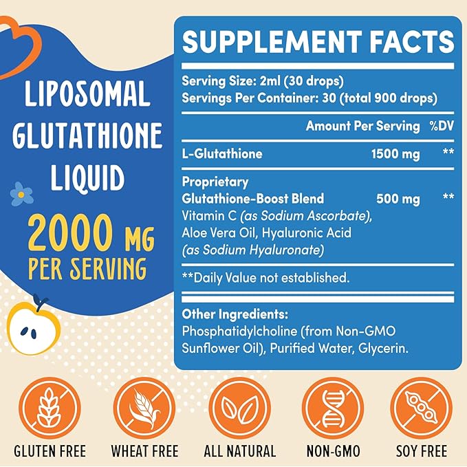 2000MG Liposomal Glutathione Liquid, 98% Absorption, Glutathione Liquid Supplement, Active Form L- Glutathione, Powerful Antioxidant Complex for Immune System, Aging Defense, Detox, 16 FL.OZ