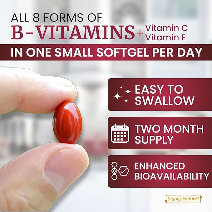 SIGNIFY NATURE VitaBComplex with Vitamin C and E, B Complex Vitamins for Women & Men, BComplex Supplements, VIT B1, B2, B3, B5, B6, B8, B9, B12, Super B Softgels - 60 CT