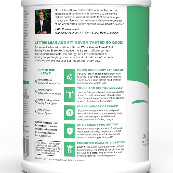LEAN1 Nutrition53 Meal Replacement Powder for Weight Loss, Fat Burner, Appetite Control, Plant Based Strawberry (28 Ounce)
