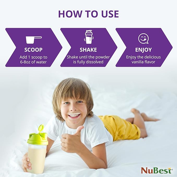 NuBest Tall Protein Powder for Kids & Teens - Vegan Vanilla Protein Powder Shake with Organic Red Algae Calcium, Probiotics, Omega 3-6-9, Vitamin D3 + K2 & Magnesium from Marine Algae - Pack 3