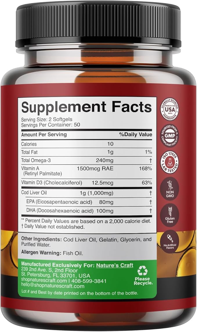 Icelandic Wild Caught Cod Liver Oil Softgels - Fish Omega 3, EPA, DHA, Vitamin D & A, 1000mg Per Serving - Burpless Capsules for Heart, Joint, Brain & Immune Support - 100 Count