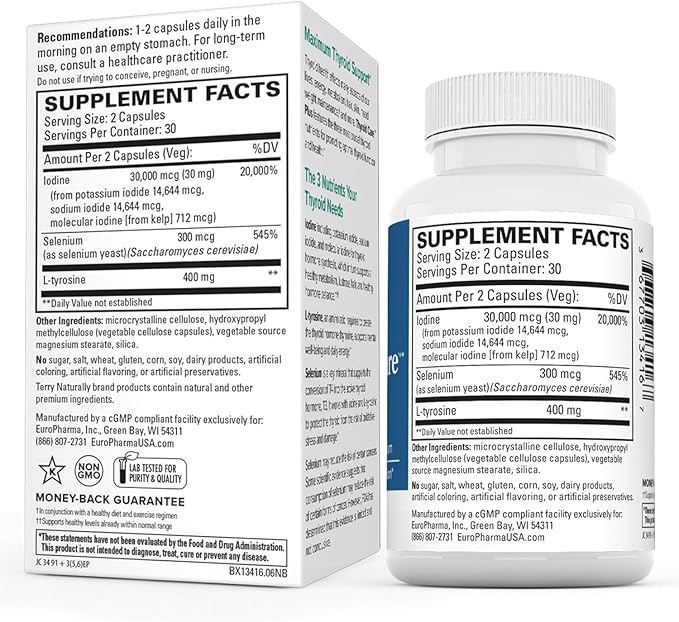 Terry Naturally Thyroid Care Plus - Supplement to Aid Thyroid - Dietary Supplement for Energy & Healthy Hair Support - Supplement with L-Tyrosine & Selenium - 60 Capsules (2 Pack)