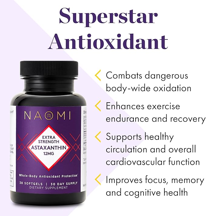 NAOMI Extra Strength Patented Astaxanthin 12mg Supplement from Alaskan Algae - Natural Support for Skin & Eye Health, Joint Support - Non-GMO, Gluten Free, 30 Softgels - 1 Month Supply