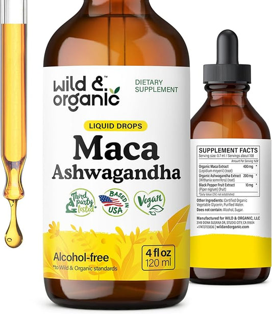 Wild & Organic Maca Root Ashwagandha Drops for Men and Women - Liquid Maca Ashwagandha Supplement for Overall Support - Peruvian Extract Tincture - Vegan, Sugar & Alcohol-Free - 4 fl oz